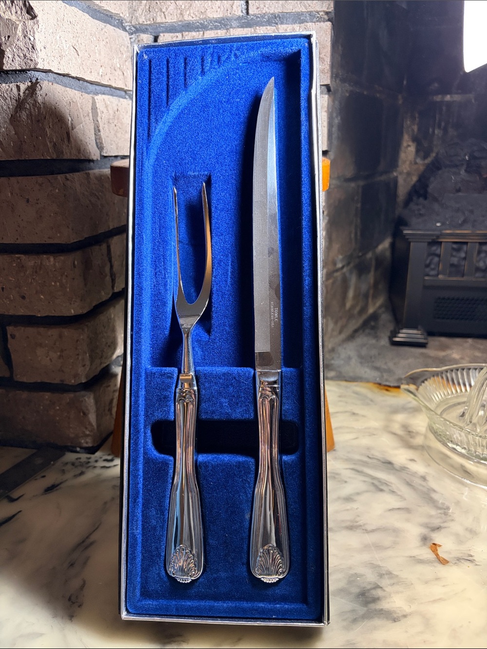 Towle Carving Knife and Fork Set in Blue Presentation Box